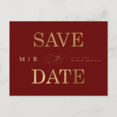 Gold Monogram Deep Red Wedding Save the Date Aankondigingskaart (Voorkant)