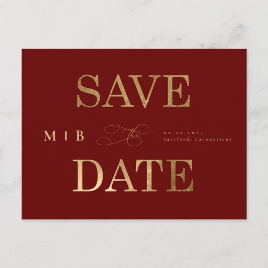 Gold Monogram Deep Red Wedding Save the Date Aankondigingskaart (Voorkant)