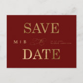 Gold Monogram Deep Red Wedding Save the Date Briefkaart (Voorkant)