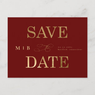 Gold Monogram Deep Red Wedding Save the Date Briefkaart