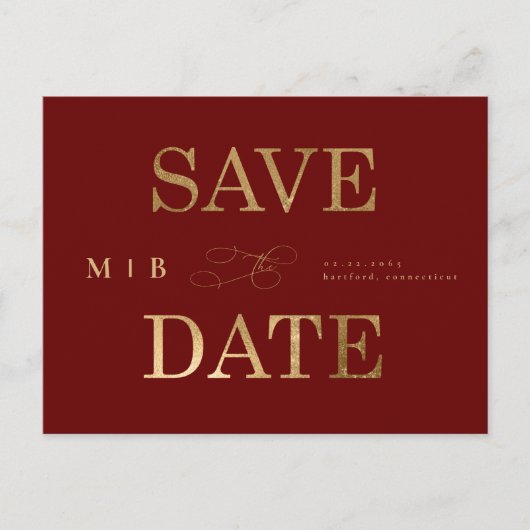 Gold Monogram Deep Red Wedding Save the Date Briefkaart (Voorkant)