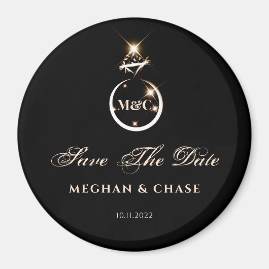Gold Monogram Diamond Ring Wedding Save the Date Magneet (Voorkant)