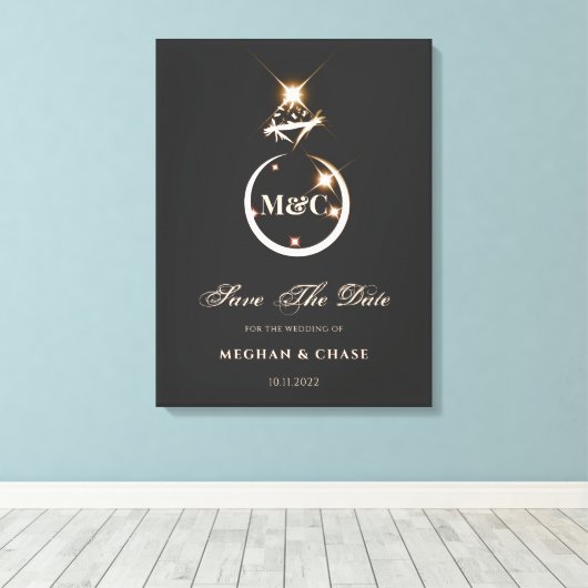 Gold Monogram Diamond Wedding Save the Date Canvas Afdruk (Insitu (Houten vloer))