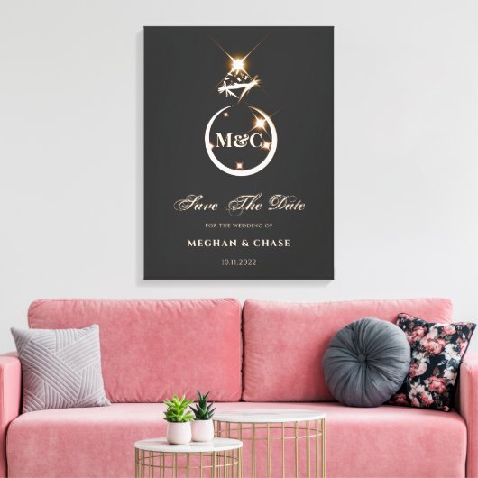 Gold Monogram Diamond Wedding Save the Date Canvas Afdruk (Insitu (Woonkamer))