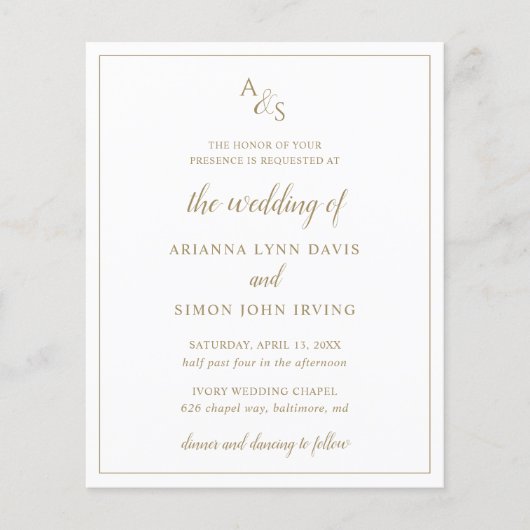 Gold Monogram Elegant Budget Weduwen Uitnodiging (Voorkant)