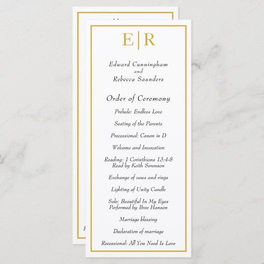 Gold Monogram Elegant Classic Wedding Programmakaart (Voorkant / Achterkant)