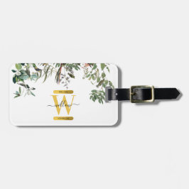 Gold Monogram Elegant Eucalyptus Greenery & Birds Bagagelabel