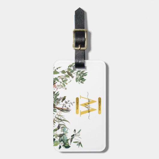 Gold Monogram Elegant Eucalyptus Greenery & Birds Bagagelabel (Voorkant verticaal)