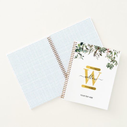 Gold Monogram Elegant Eucalyptus Greenery & Birds Notitieboek (Binnen)