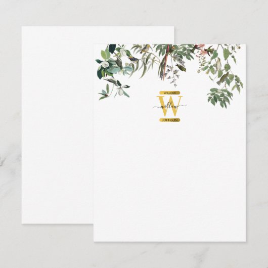 Gold Monogram Elegant Eucalyptus Greenery & Birds Notitiekaartje (Voorkant / Achterkant)