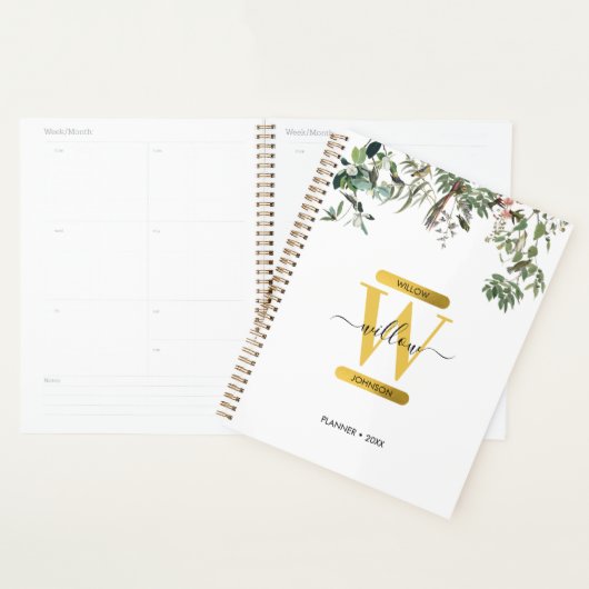 Gold Monogram Elegant Eucalyptus Greenery & Birds Planner (Display)