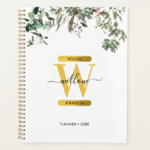 Gold Monogram Elegant Eucalyptus Greenery & Birds