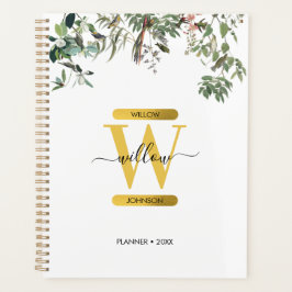 Gold Monogram Elegant Eucalyptus Greenery & Birds Planner