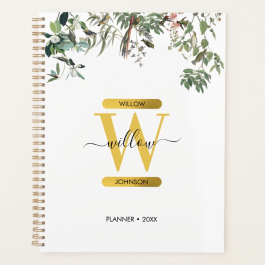 Gold Monogram Elegant Eucalyptus Greenery & Birds Planner (Voorkant)