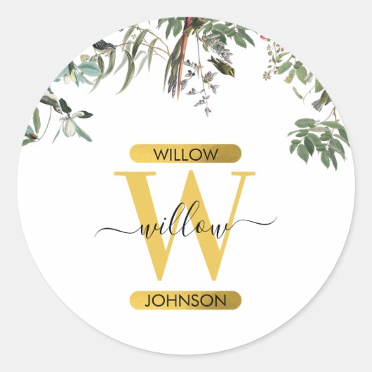 Gold Monogram Elegant Eucalyptus Greenery & Birds Ronde Sticker (Voorkant)