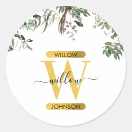 Gold Monogram Elegant Eucalyptus Greenery & Birds Ronde Sticker