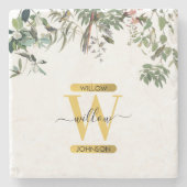 Gold Monogram Elegant Eucalyptus Greenery & Birds Stenen Onderzetter (Voorkant)