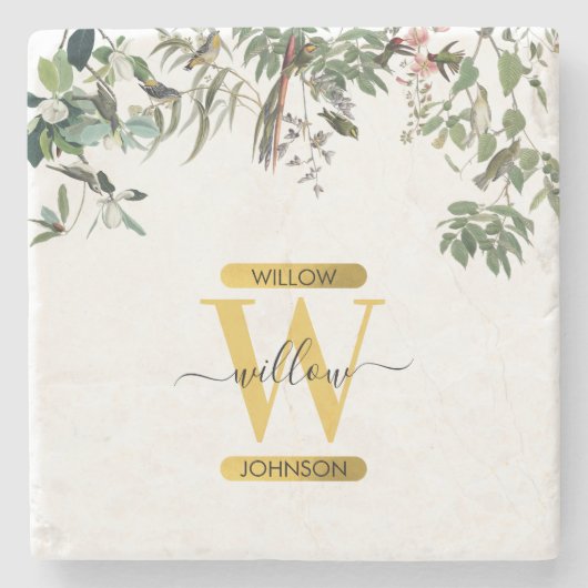Gold Monogram Elegant Eucalyptus Greenery & Birds Stenen Onderzetter (Voorkant)