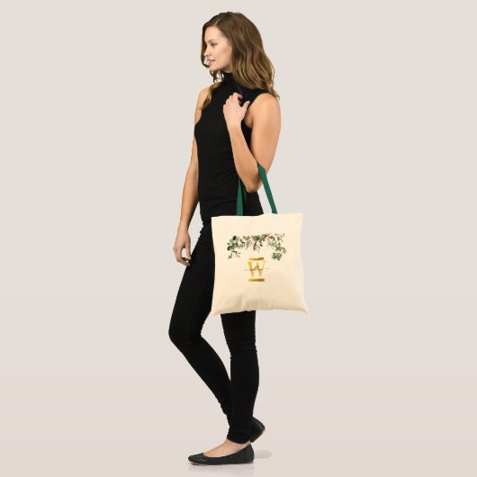 Gold Monogram Elegant Eucalyptus Greenery & Birds Tote Bag (Voorkant (model))