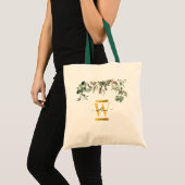 Gold Monogram Elegant Eucalyptus Greenery & Birds Tote Bag (Voorkant (product))