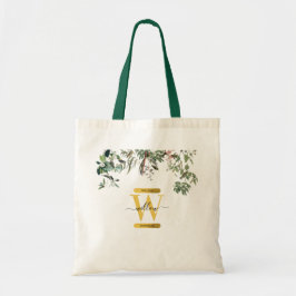 Gold Monogram Elegant Eucalyptus Greenery & Birds Tote Bag