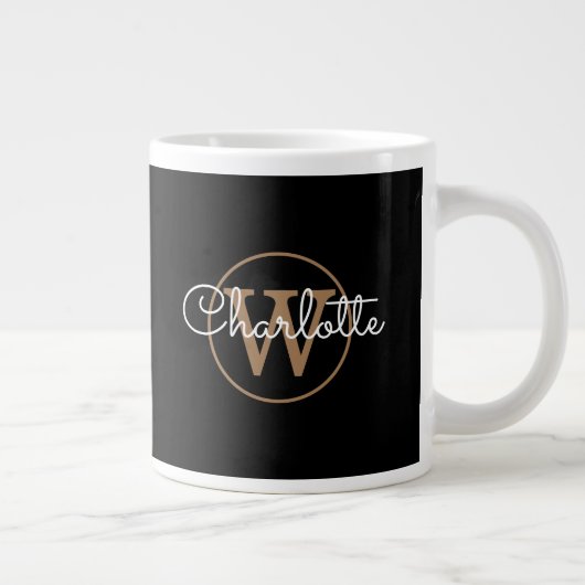 Gold Monogram Elegant Girly Script Black  Grote Koffiekop (Rechts)