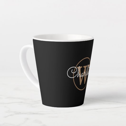 Gold Monogram Elegant Girly Script Zwart Latte Mok (Linkerhoek)