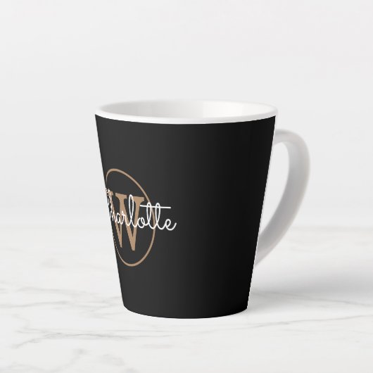 Gold Monogram Elegant Girly Script Zwart Latte Mok (Rechterhoek)