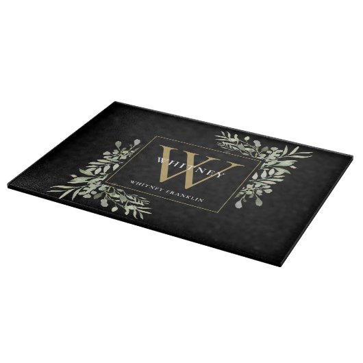Gold Monogram Elegant Greenery Foliage Black Snijplank (Hoek)