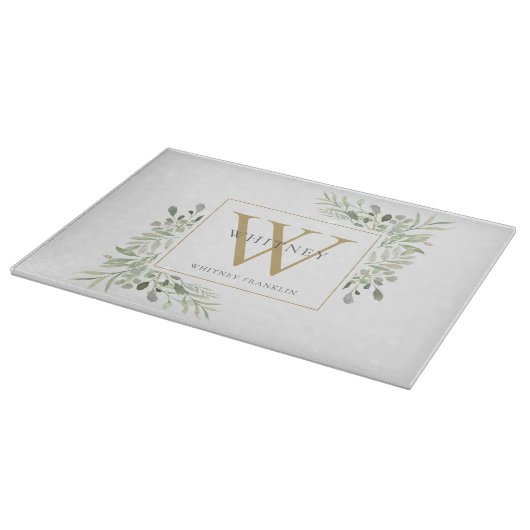 Gold Monogram Elegant Greenery Foliage Snijplank (Hoek)
