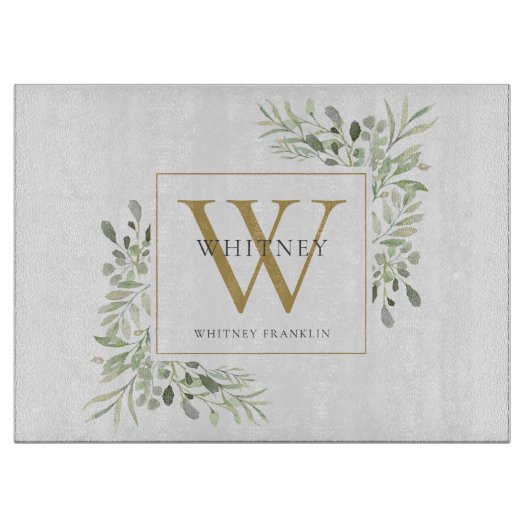 Gold Monogram Elegant Greenery Foliage Snijplank (Voorkant)