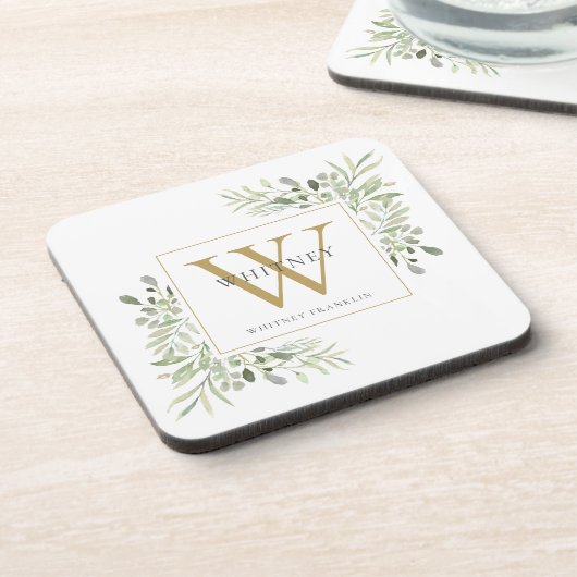 Gold Monogram Elegant Modern Greenery Bier Onderzetter (Linkerzijde)