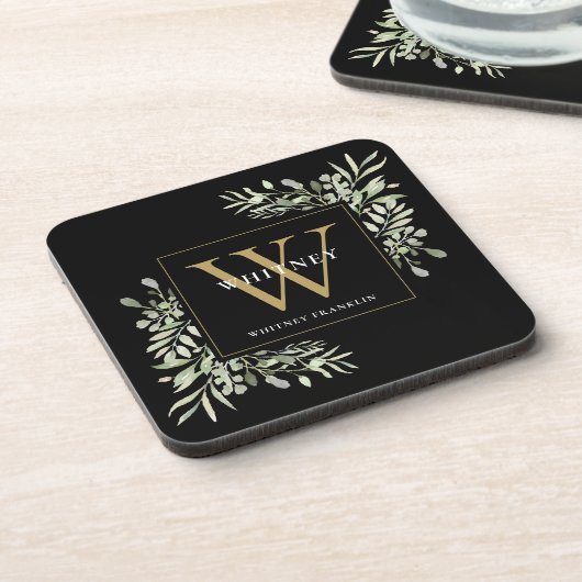 Gold Monogram Elegant Modern Greenery Black Bier Onderzetter (Linkerzijde)