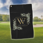 Gold Monogram Elegant Modern Greenery Black Golfhanddoek
