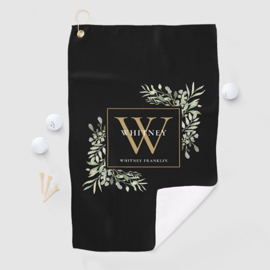 Gold Monogram Elegant Modern Greenery Black Golfhanddoek (Insitu)