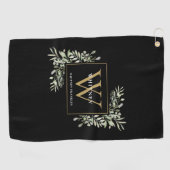 Gold Monogram Elegant Modern Greenery Black Golfhanddoek (Horizontaal)
