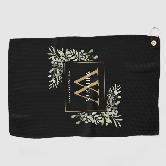 Gold Monogram Elegant Modern Greenery Black Golfhanddoek (Horizontaal)