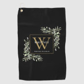 Gold Monogram Elegant Modern Greenery Black Golfhanddoek (Voorkant)