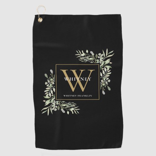Gold Monogram Elegant Modern Greenery Black Golfhanddoek (Voorkant)