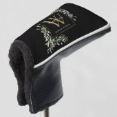 Gold Monogram Elegant Modern Greenery Black Golfheadcover (3/4 voorkant)