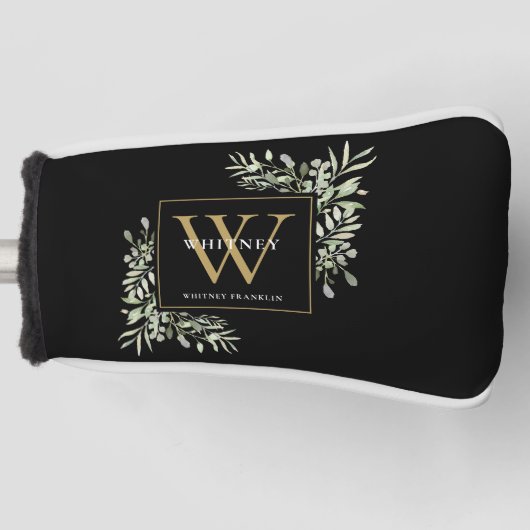 Gold Monogram Elegant Modern Greenery Black Golfheadcover (Voorkant)