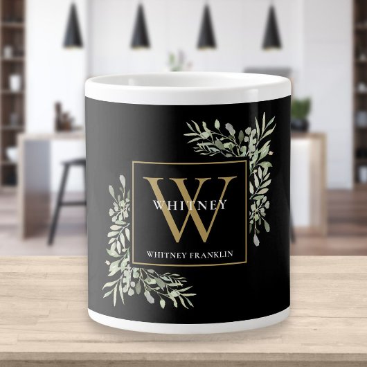 Gold Monogram Elegant Modern Greenery Black Grote Koffiekop