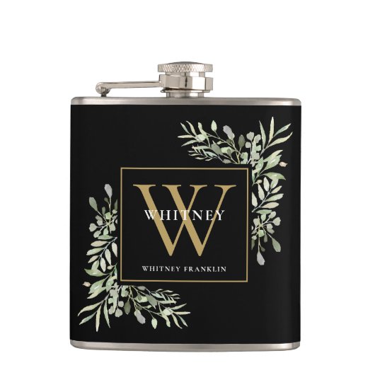 Gold Monogram Elegant Modern Greenery Black Heupfles (Voorkant)