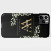 Gold Monogram Elegant Modern Greenery Black iPhone Hoesje (Achterkant horizontaal)