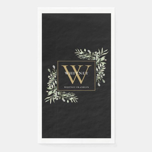 Gold Monogram Elegant Modern Greenery Black Servet (Voorkant)