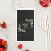 Gold Monogram Elegant Modern Greenery Black Servet (Insitu)