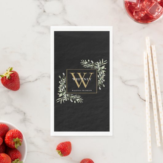 Gold Monogram Elegant Modern Greenery Black Servet (Insitu)