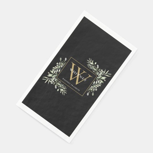 Gold Monogram Elegant Modern Greenery Black Servet (Hoek)