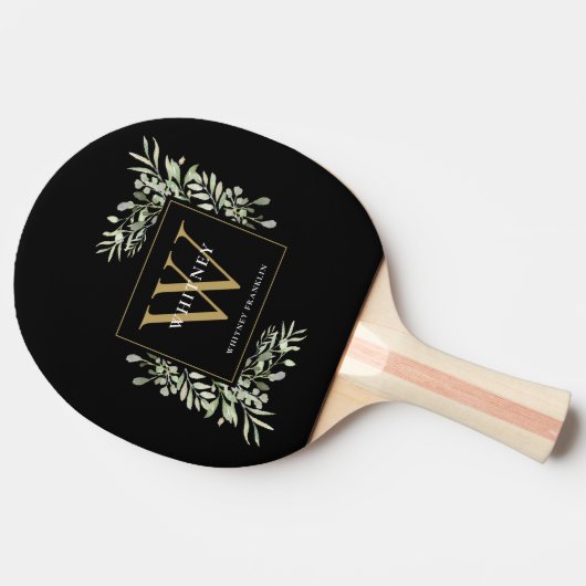 Gold Monogram Elegant Modern Greenery Black Tafeltennisbatje (Zijkant)