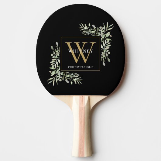 Gold Monogram Elegant Modern Greenery Black Tafeltennisbatje (Voorkant)